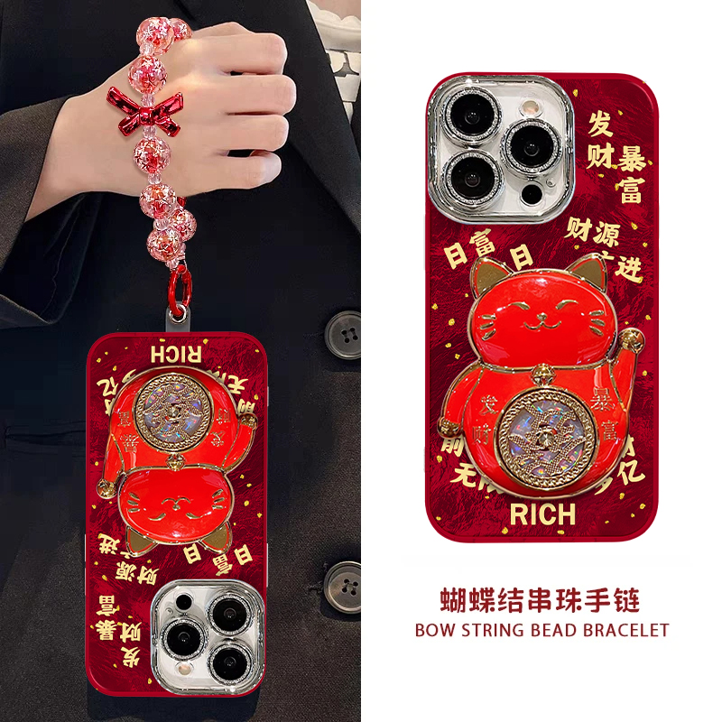 暴富招财猫支架手机壳适用于苹果16/oppo华为vivo可爱创意流行新