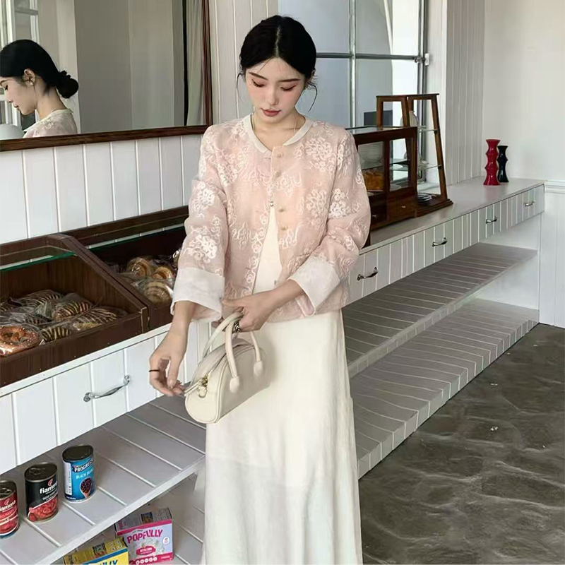 春季女长袖新中式刺绣提花短外套气质蕾丝复古法式上衣中式时尚