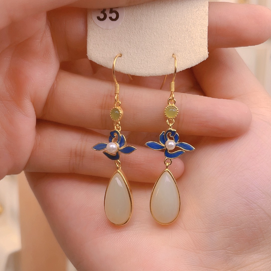 和田玉耳饰银S925镀金镶嵌