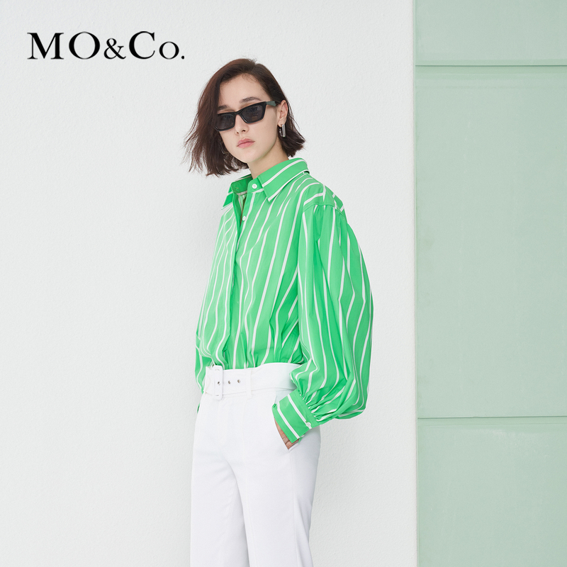 【陈大可专属】MOCO春季绿白条纹宽松中性衬衫薄荷曼波MBC1SHT001