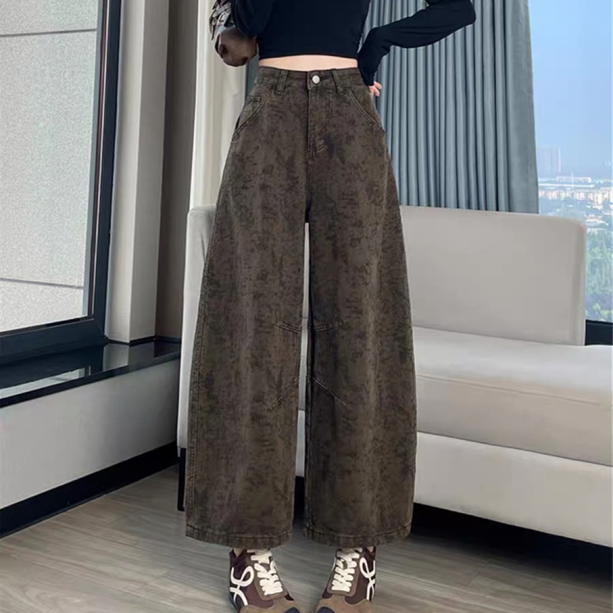 2818 复古咖色提花阔腿牛仔裤女宽松显瘦百搭休闲分裤女