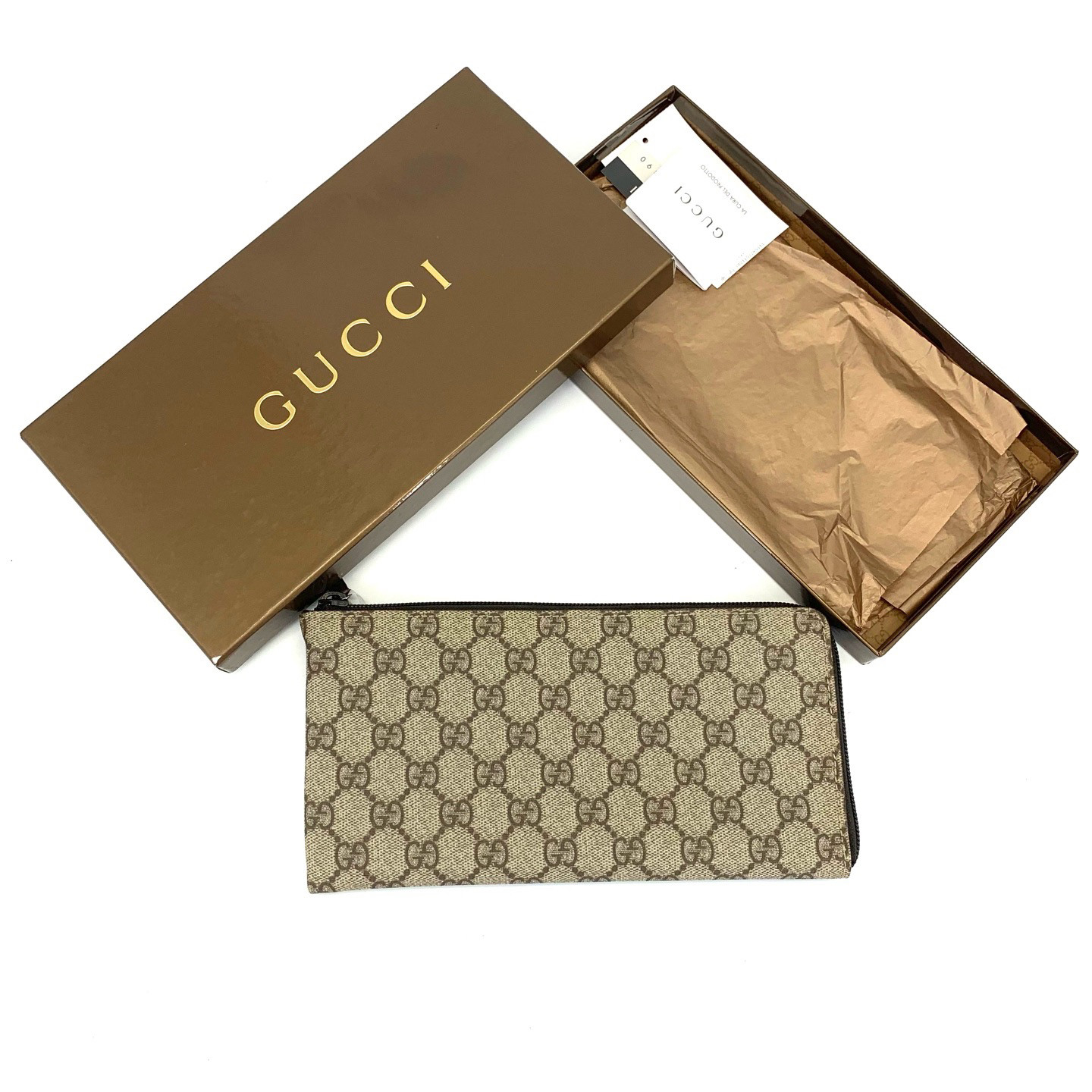 99新 GUCCI/古驰 经典时尚老花双G涂层拉链钱包手拿包  尺寸23/12
