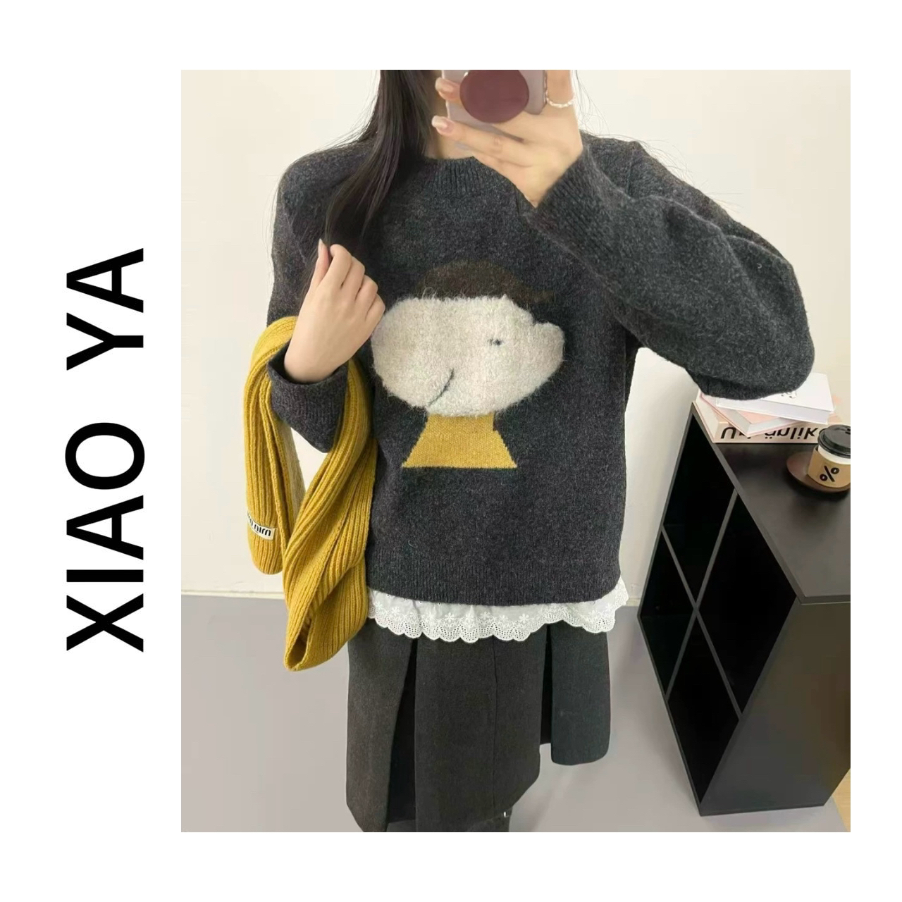 3509冬季新款韩版慵懒风圆领小狗下摆拼接百搭针织上衣（衣长68）