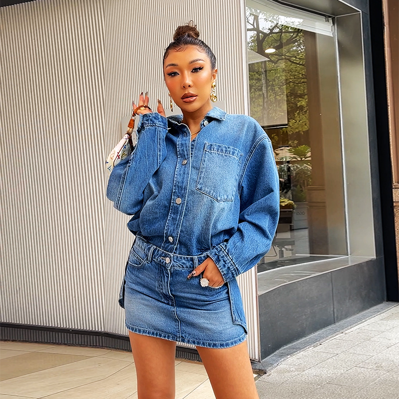 （小溪家）牛仔连体短裙假两件拼接长袖水洗牛仔裙时髦小众设计感