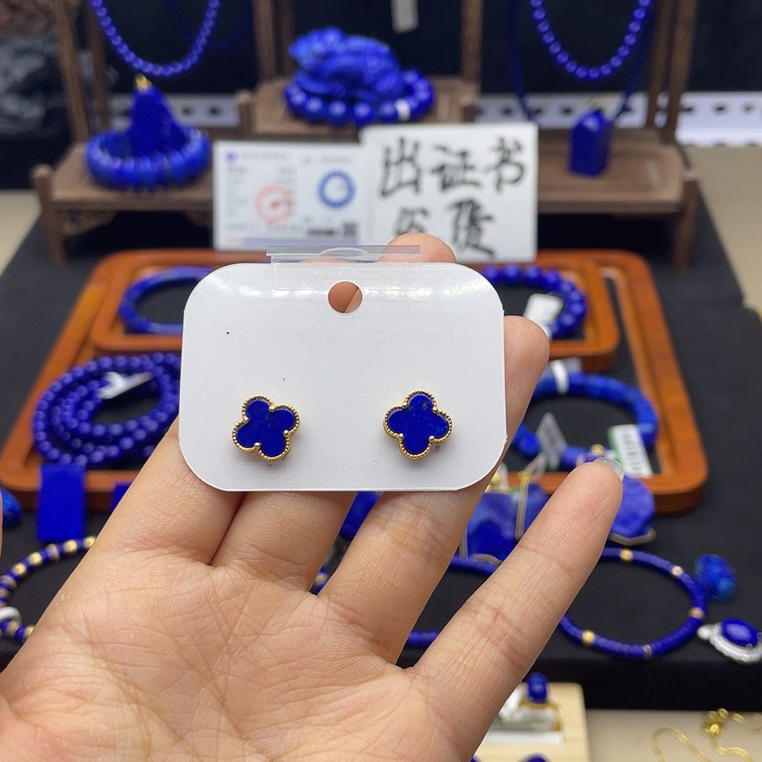 青金石耳钉四叶草银S925镀金镶嵌
