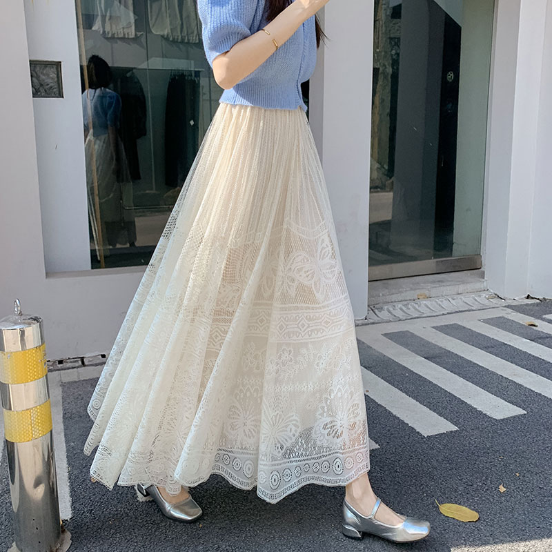 白色蕾丝半身裙女2025新款春夏季气质长款高端蓬蓬网纱裙a字伞裙