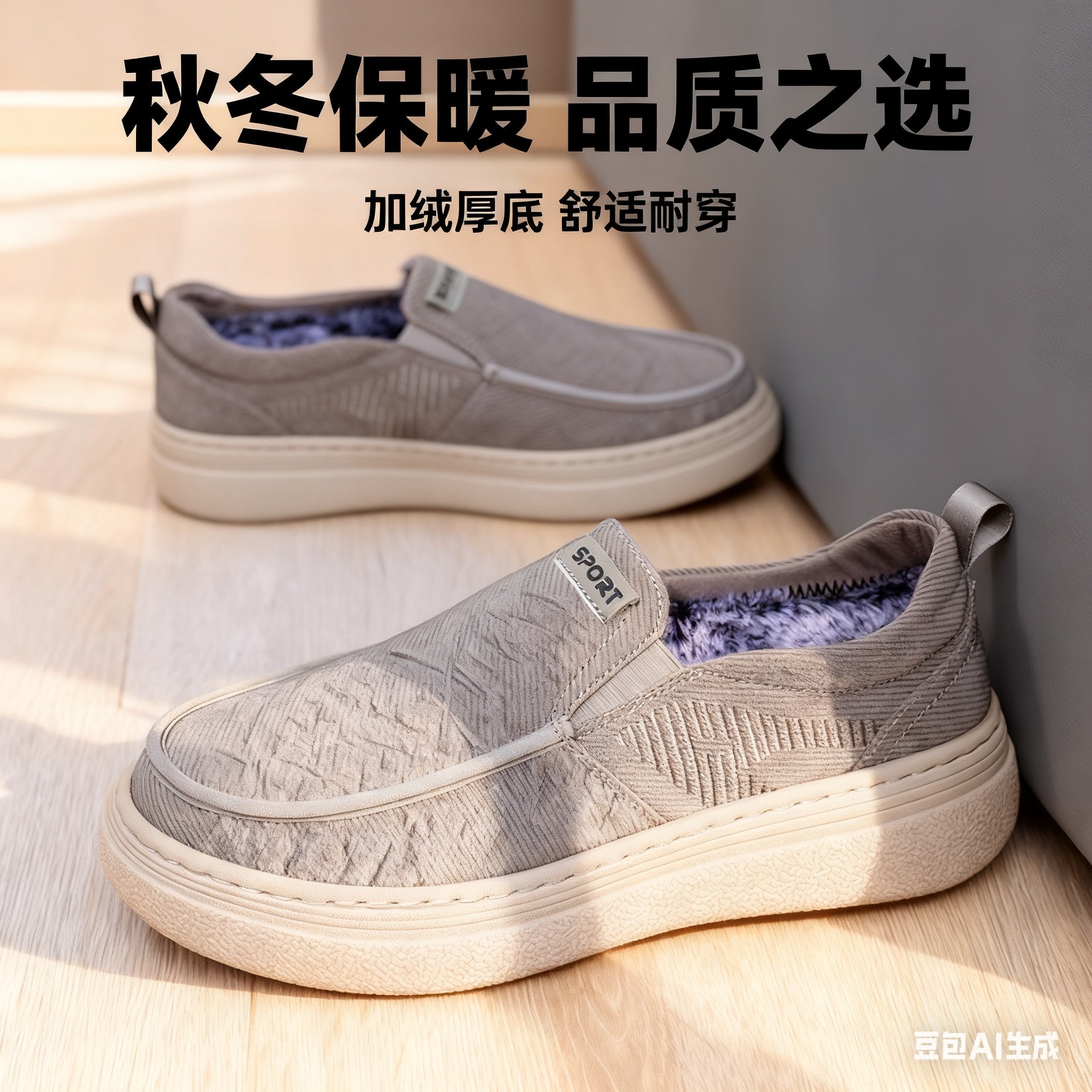 广州冬季素面防滑一脚蹬圆头套筒保暖布鞋加绒豆豆干净感痞帅男鞋