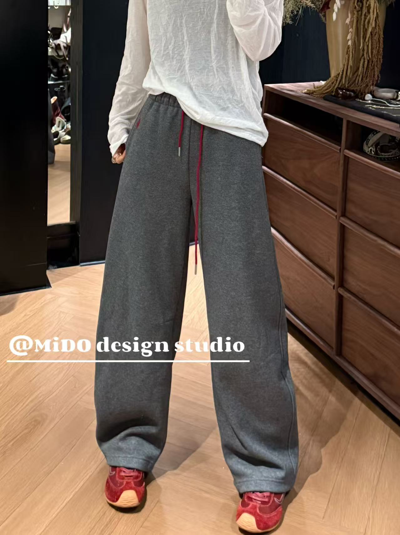 欧洲站欧货25阔腿裤刺绣高腰秋冬季休闲裤加厚卫裤宽松潮流系带女