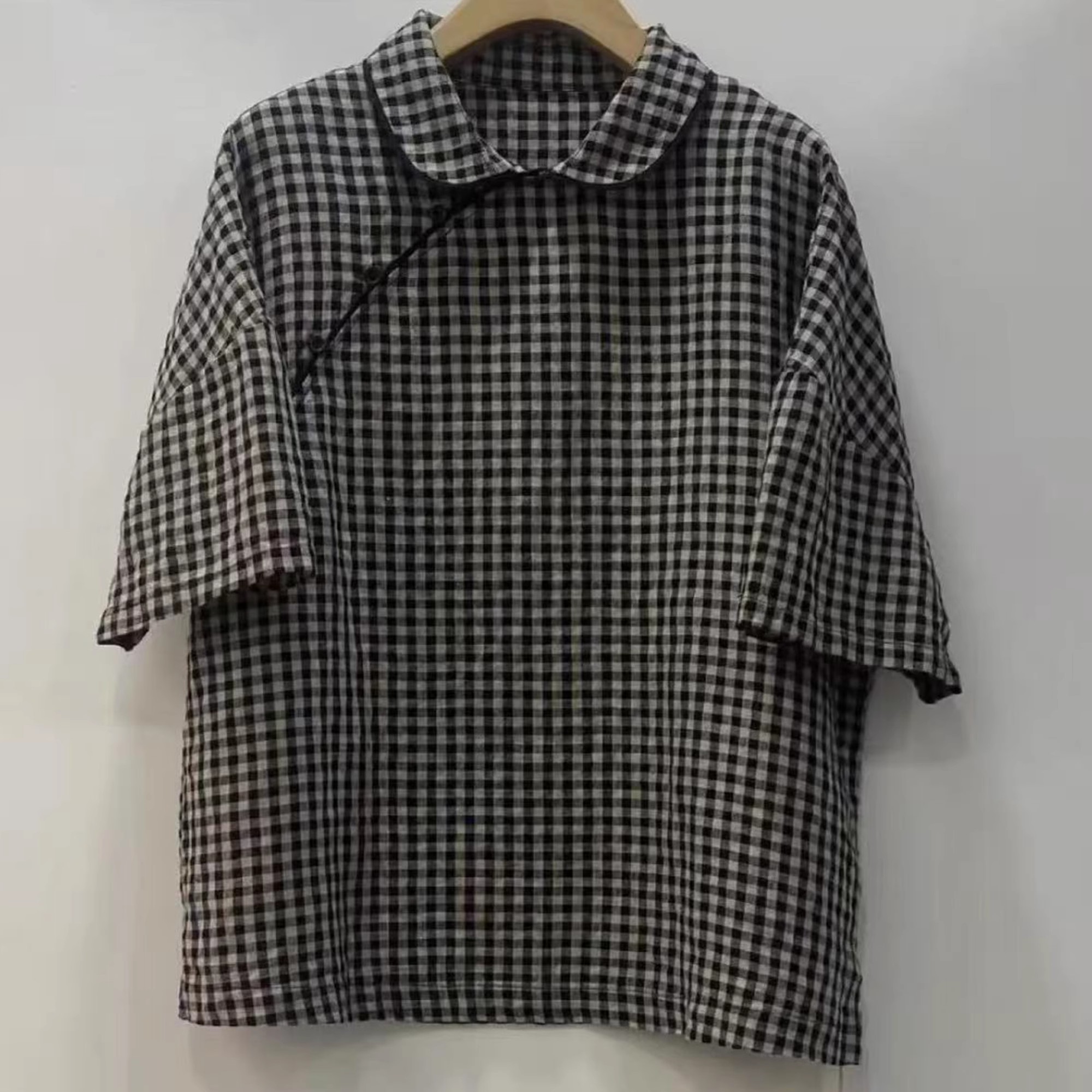 彭彭家 7261 亚麻文艺格子短袖上衣 古兰木