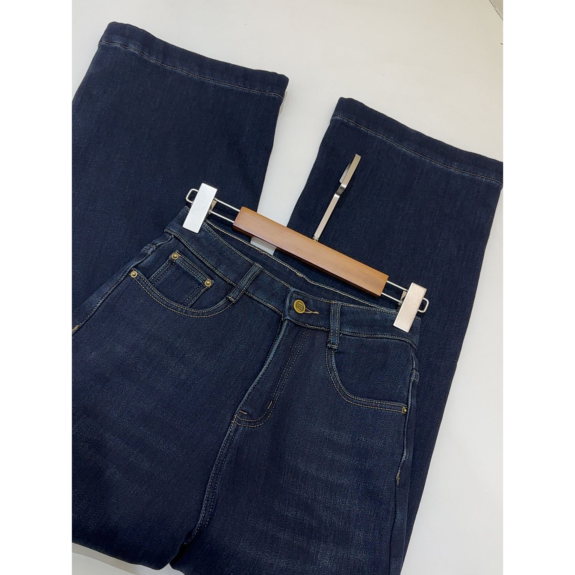 女款加绒加厚高腰阔腿直筒牛仔裤—蓝色—8816-1