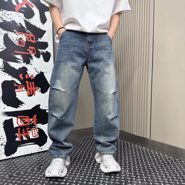 复古水洗掐褶牛仔裤秋季宽松直筒裤松紧腰休闲长裤男士百搭26302