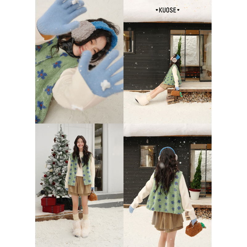阔色绿色仿羊羔毛绒印花马甲女25秋冬新叠穿无袖上衣KSO2511001