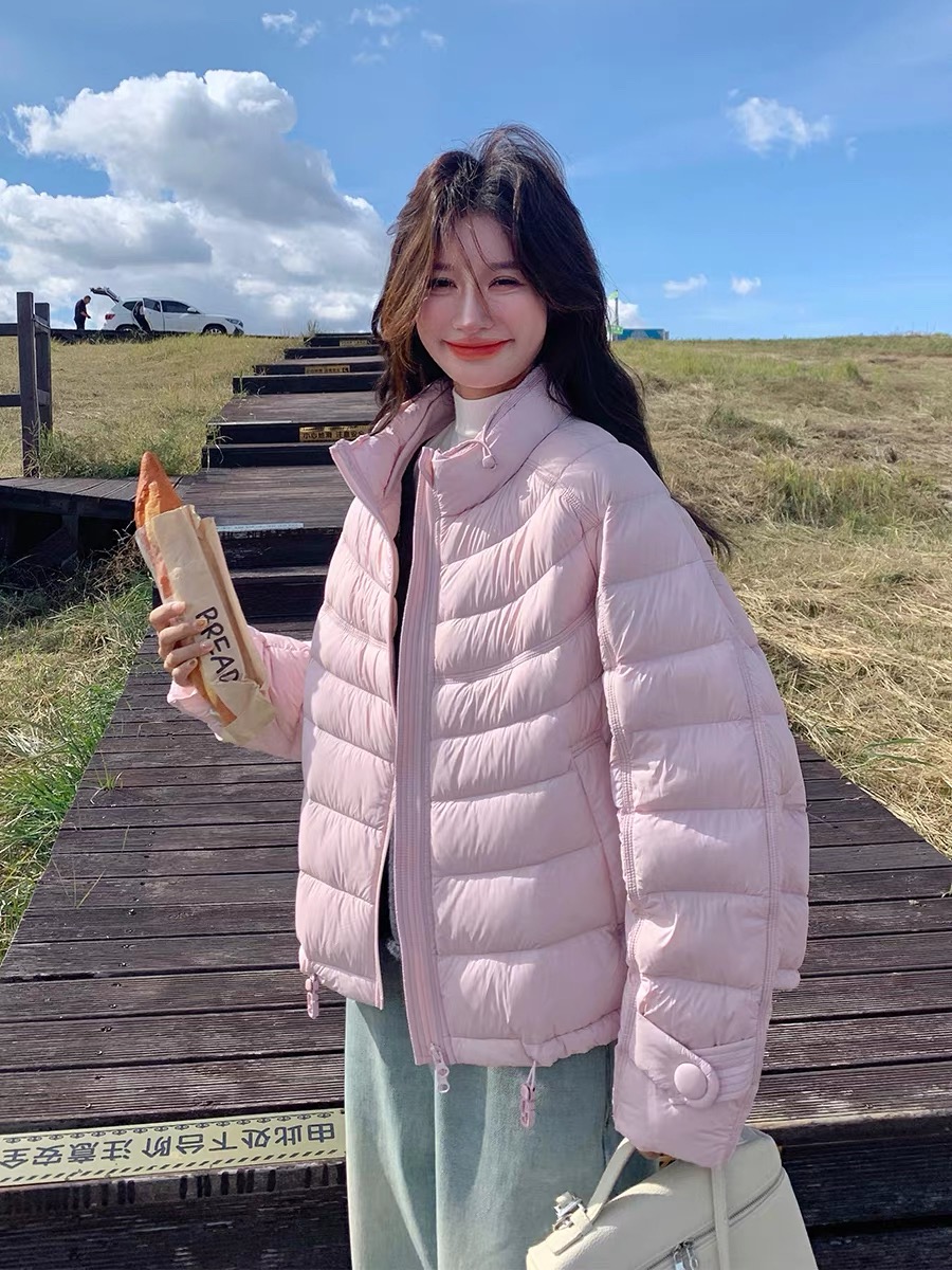 小个子甜美粉色立领排骨羽绒服女2025冬季新款轻薄保暖显瘦外套