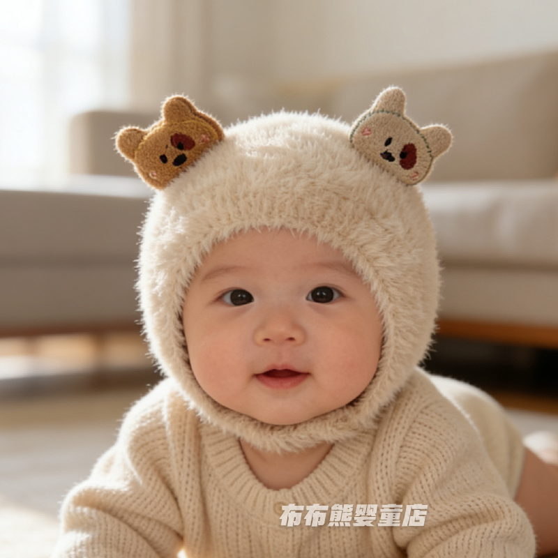 婴儿帽子冬季可爱超萌护耳帽宝宝冬天加厚保暖毛绒帽婴幼儿毛线帽