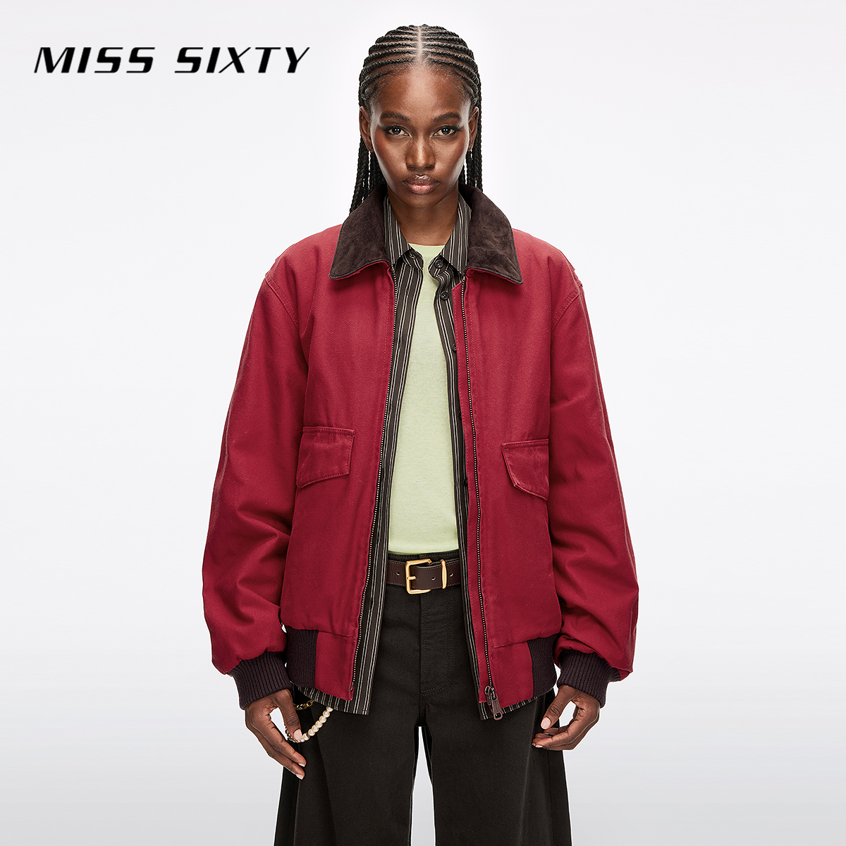 Miss Sixty2025冬季新款牛仔夹棉外套女宽松撞色谷仓夹克巴恩风