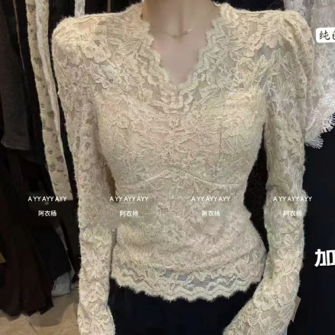 纯欲辣妹性感V领磨毛加绒蕾丝修身显瘦百搭长袖打底上衣女秋冬