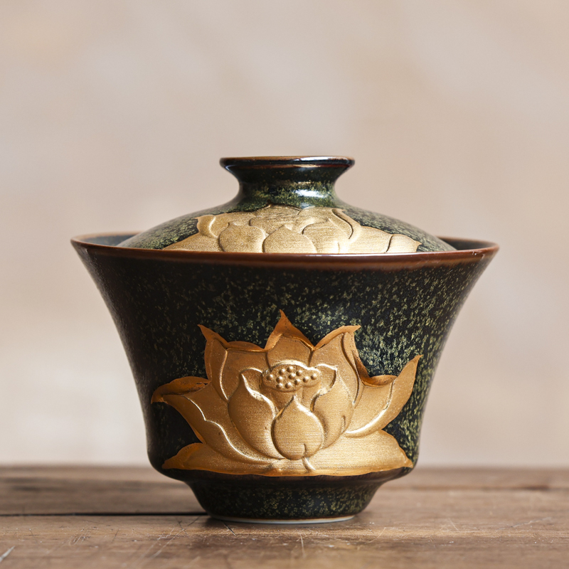 【非遗好物】黄丽君-茶叶末-金莲花盖碗茶具泡茶碗（Q1932）容量120cc