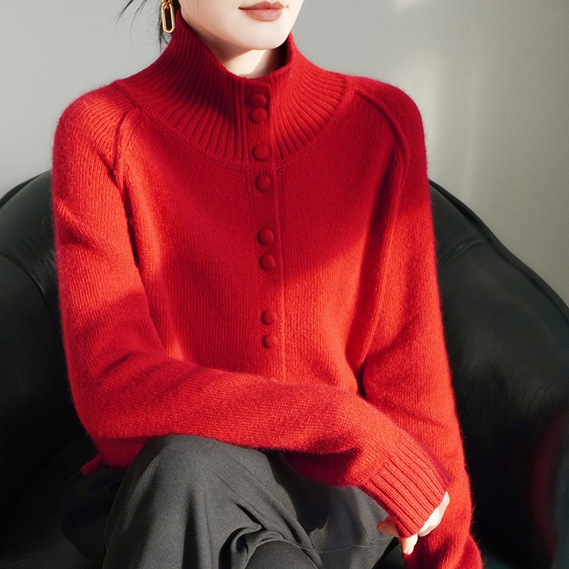 女新款士秋冬加厚短款时尚文艺休闲立领长袖针织开衫纯色红色