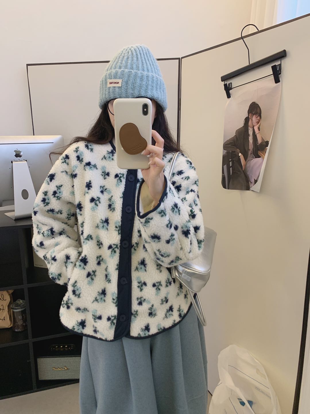 阿悄家 冬季减龄加绒撞色纽扣碎花羊羔毛外套#CL-8885