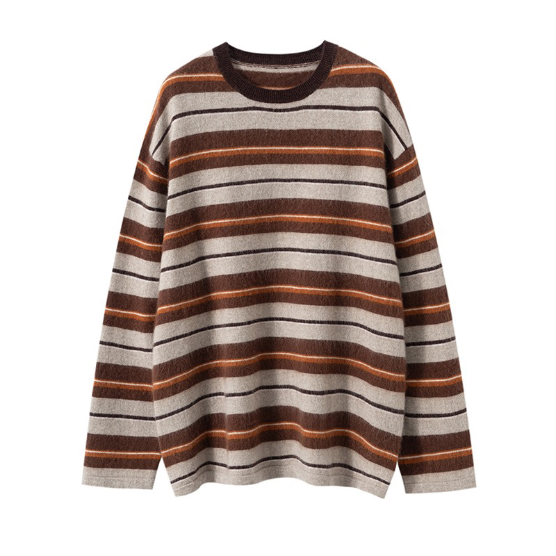  INS风爆火复古撞色条纹山羊绒衫廓版宽松慵懒风圆领针织上衣5009