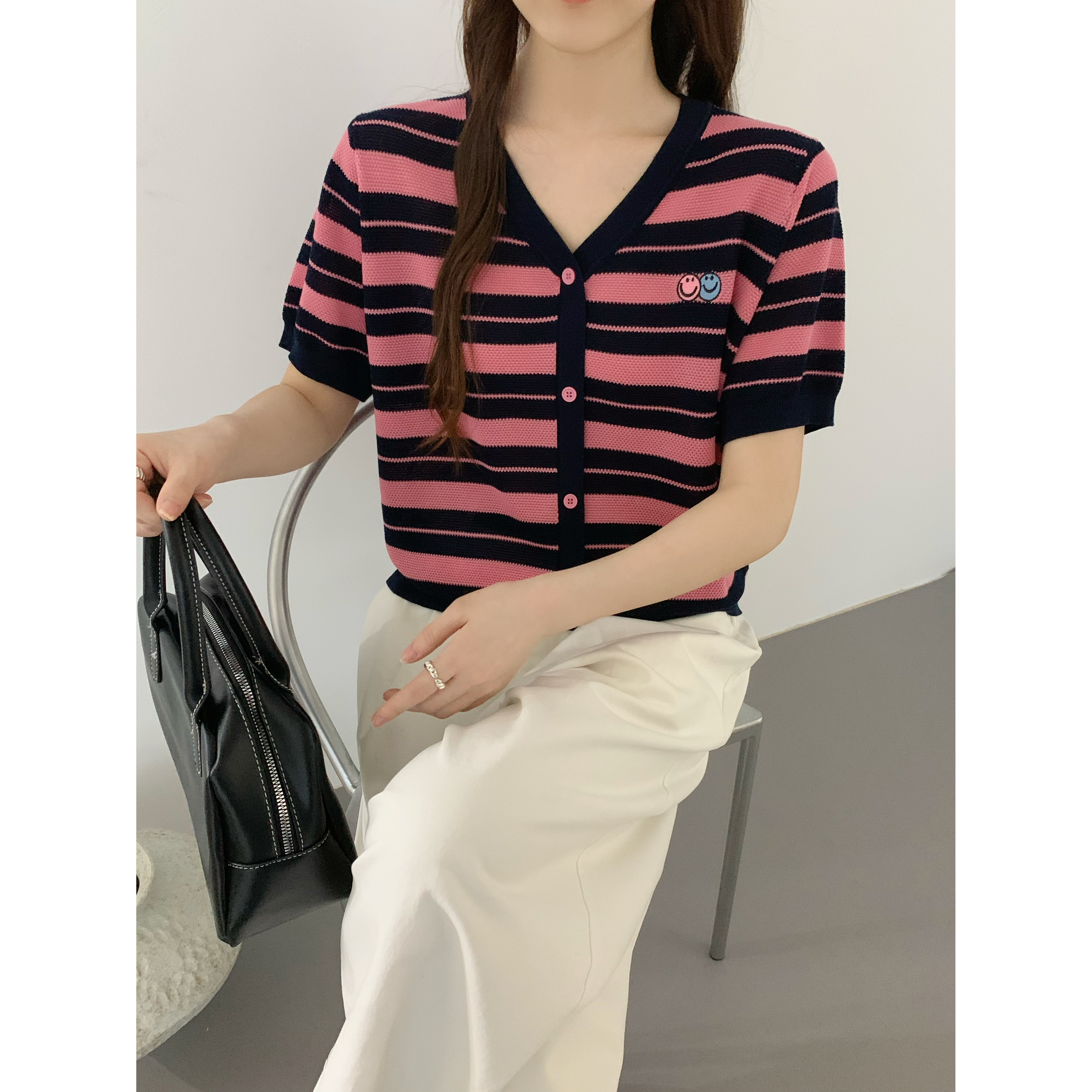 （玉姐家）夏季新款时尚百搭V领开衫短袖上衣 新选f1352 J031006