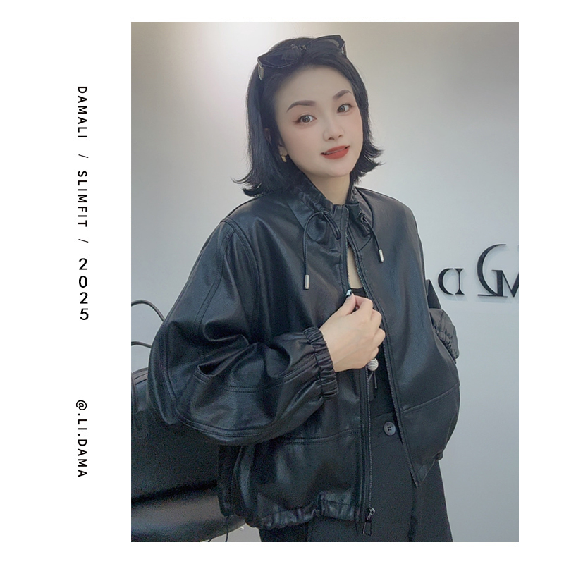大码利-秋上新【领口抽绳】欧韩小众设计款皮衣外套女秋