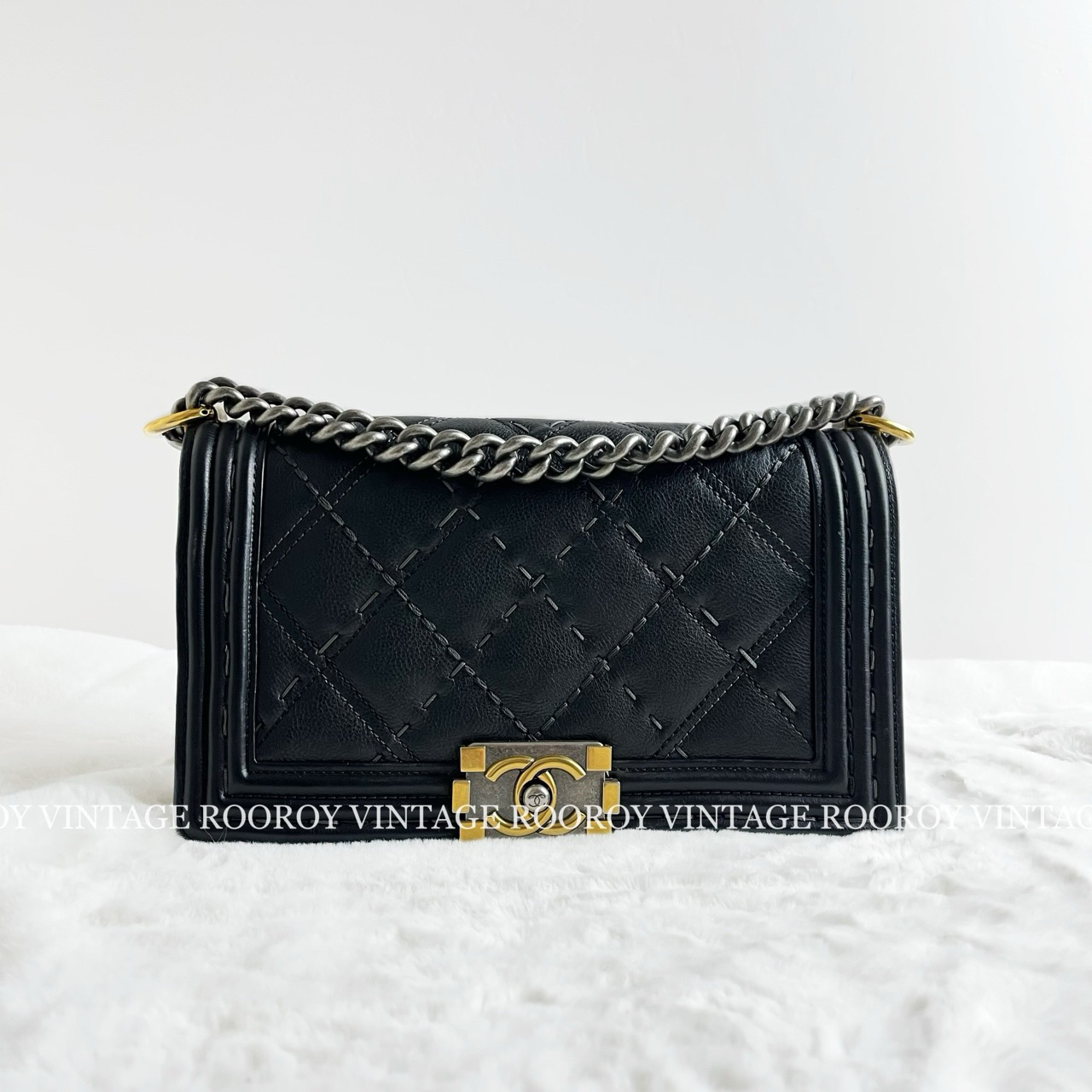 95新 Chanel/香奈儿 Leboy中号黑色鸳鸯扣大菱格纹链条包/4815