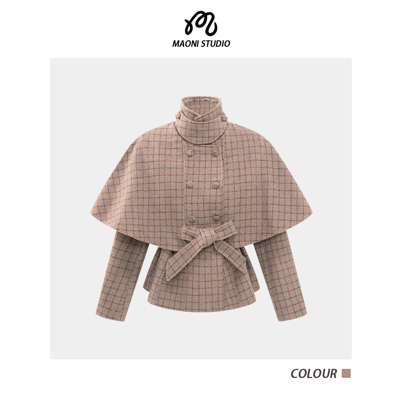 毛妮LADIESFIRST格纹斗篷式毛呢大衣美拉德复古宽松立领外套L2907