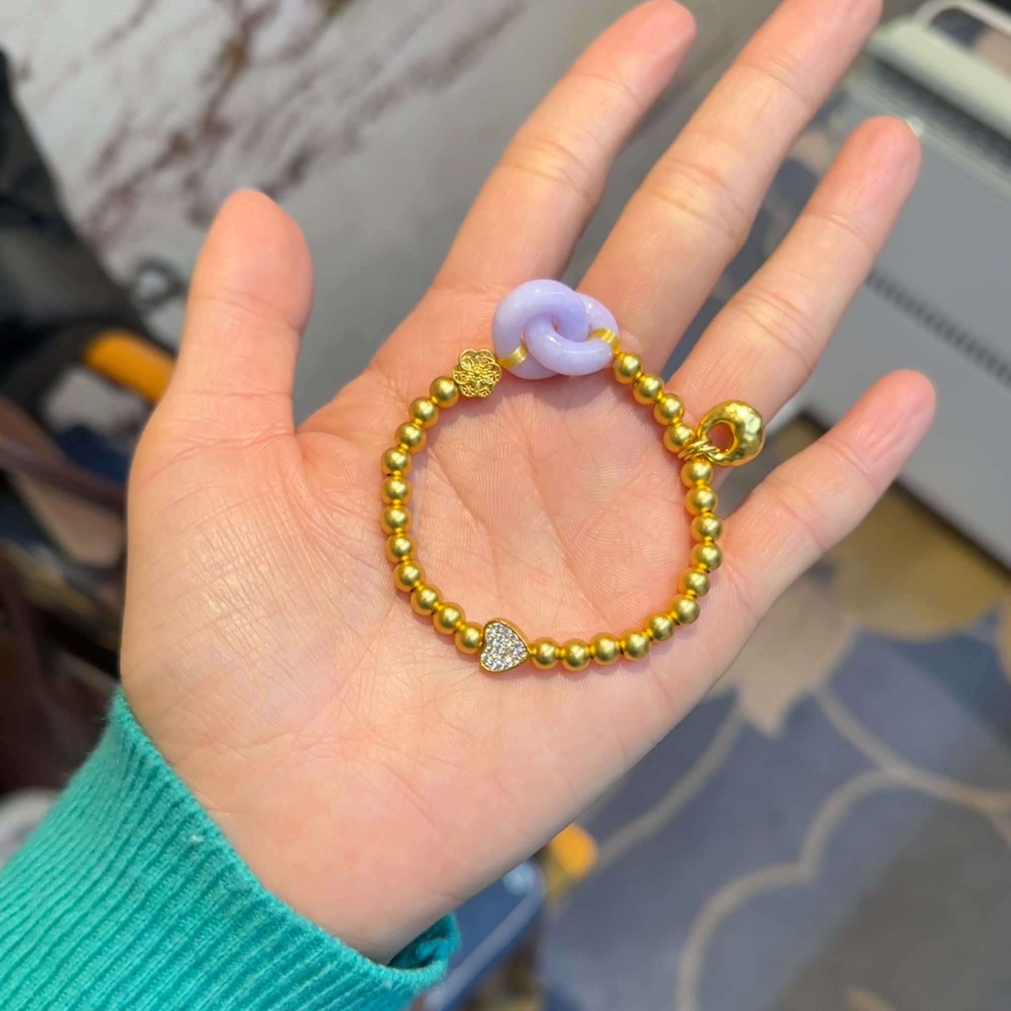 编38缅料翡翠紫罗兰翡翠双环福气招财足金手串可调节女款气质手串