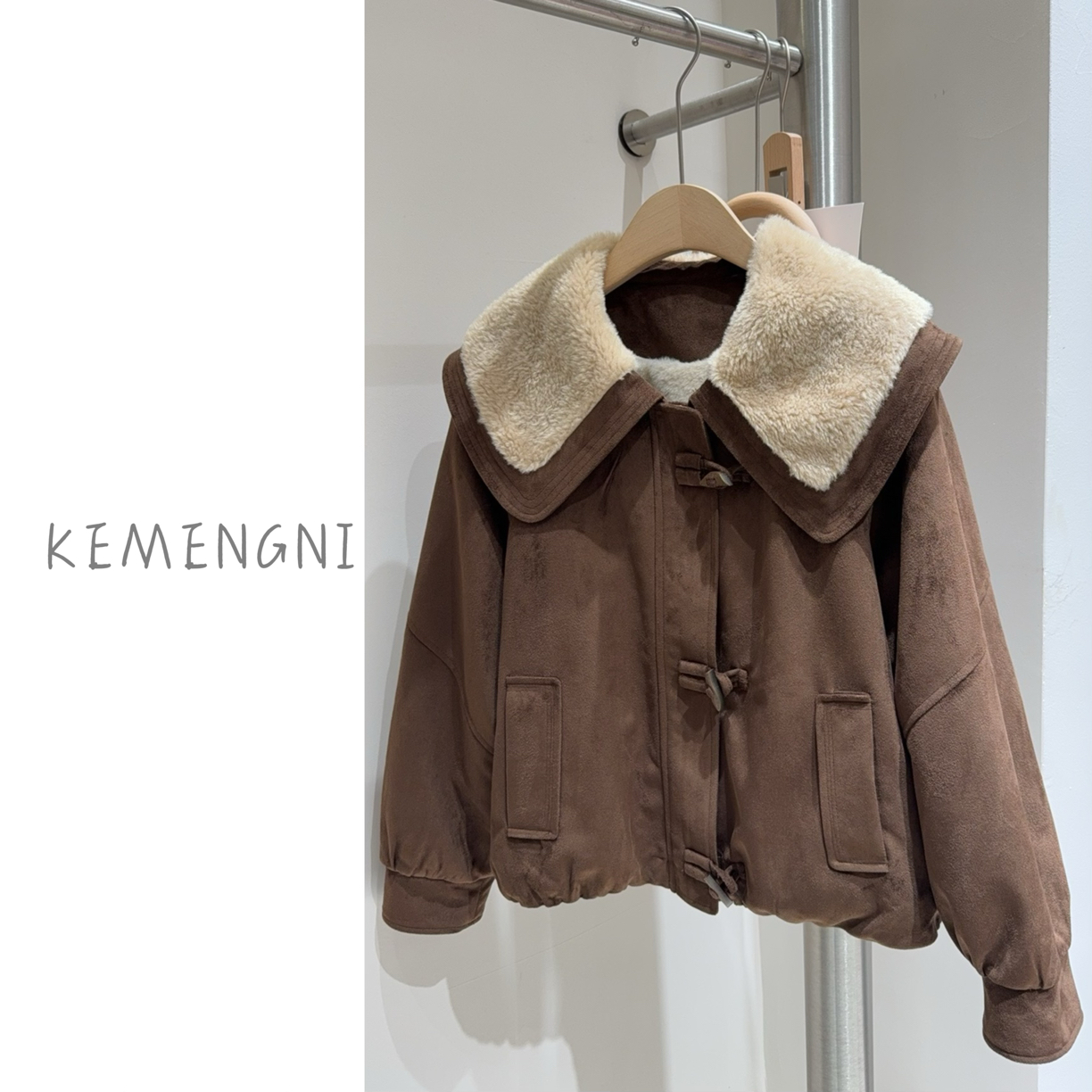 X147冬季大翻领加绒短外套保暖加厚韩版翻领加绒咖色