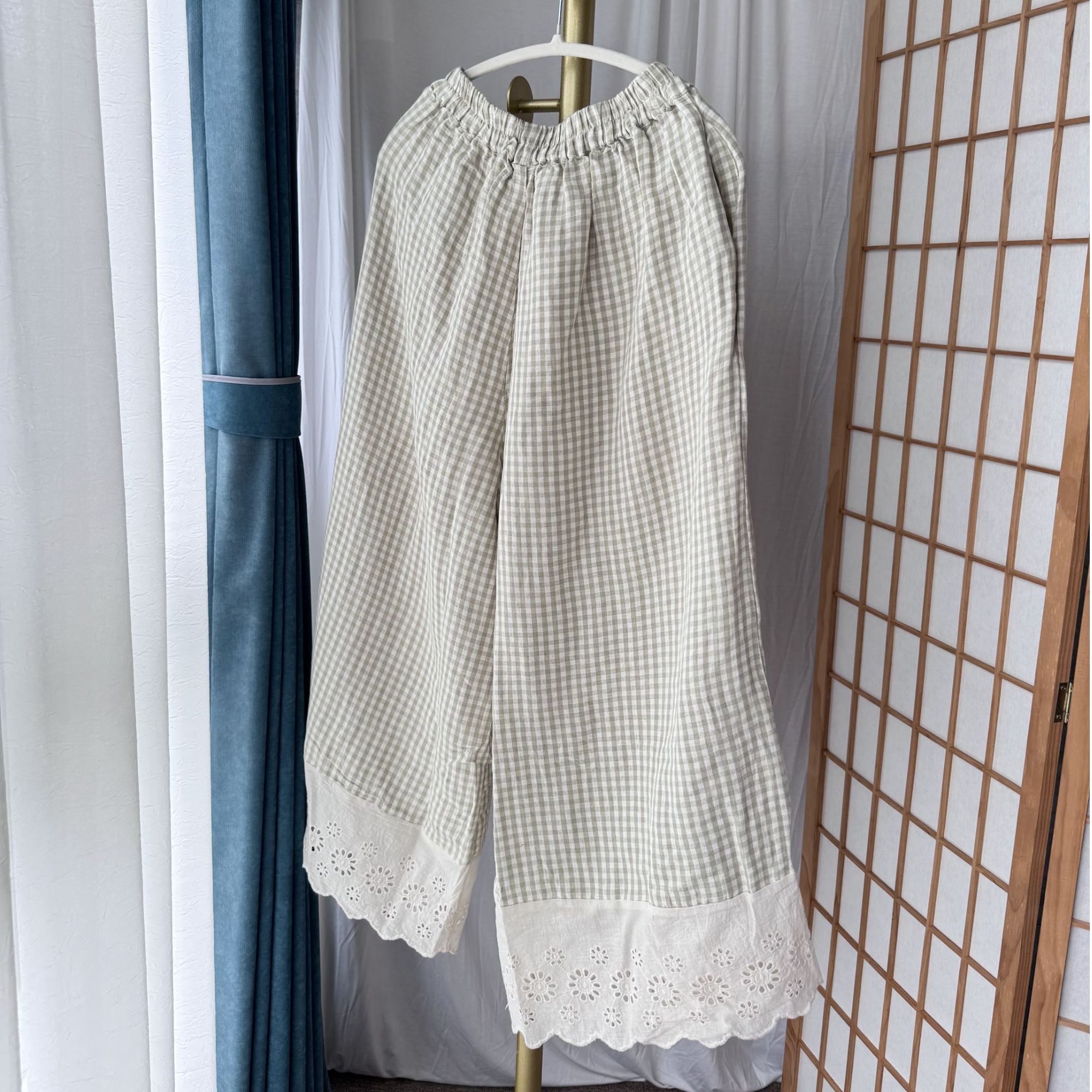女格子日系阔腿裤微弹夏季休闲裤裤子拼接花边裤长 97 腰围70-114
