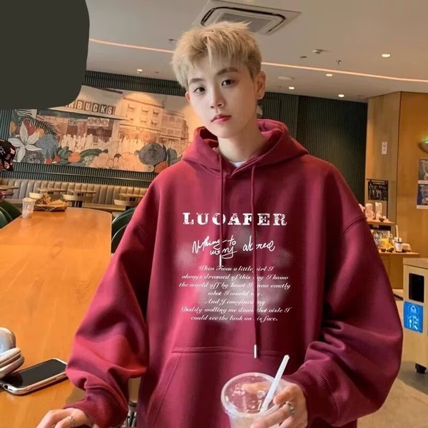 保暖夹克连帽重磅酒红色百搭男秋冬季加绒加厚宽松慵懒风外套潮牌