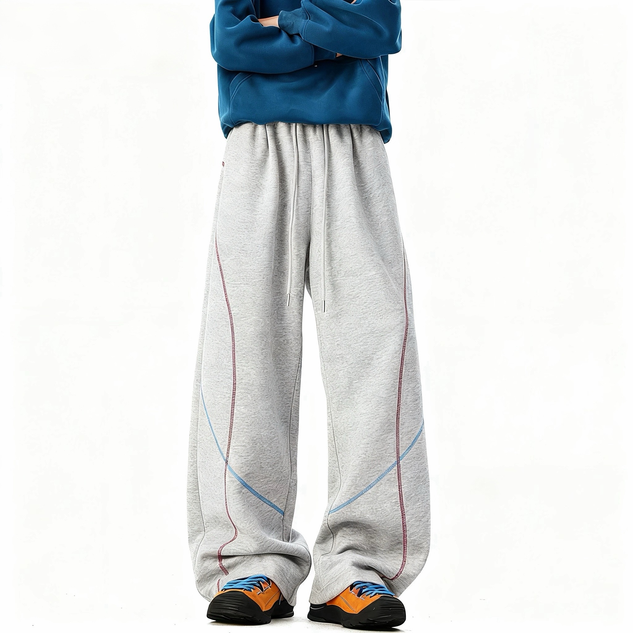 美式男灰色卫裤裤子春秋直筒条纹拼接冬季秋季撞色宽松潮流弯刀裤