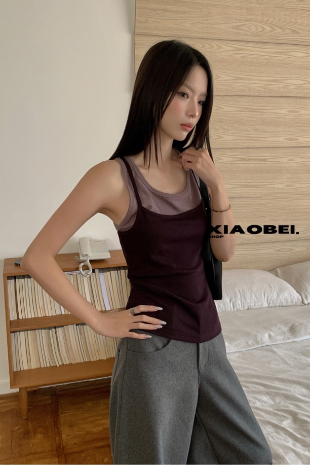 小北显瘦辣妹外穿设计感时尚百搭无袖打底拼色美背假两件背心