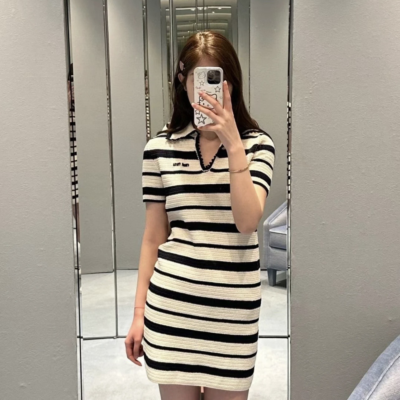 99新 MIU MIU/缪缪 vem661/标语字母拼色条纹短袖连衣裙 36码 棉