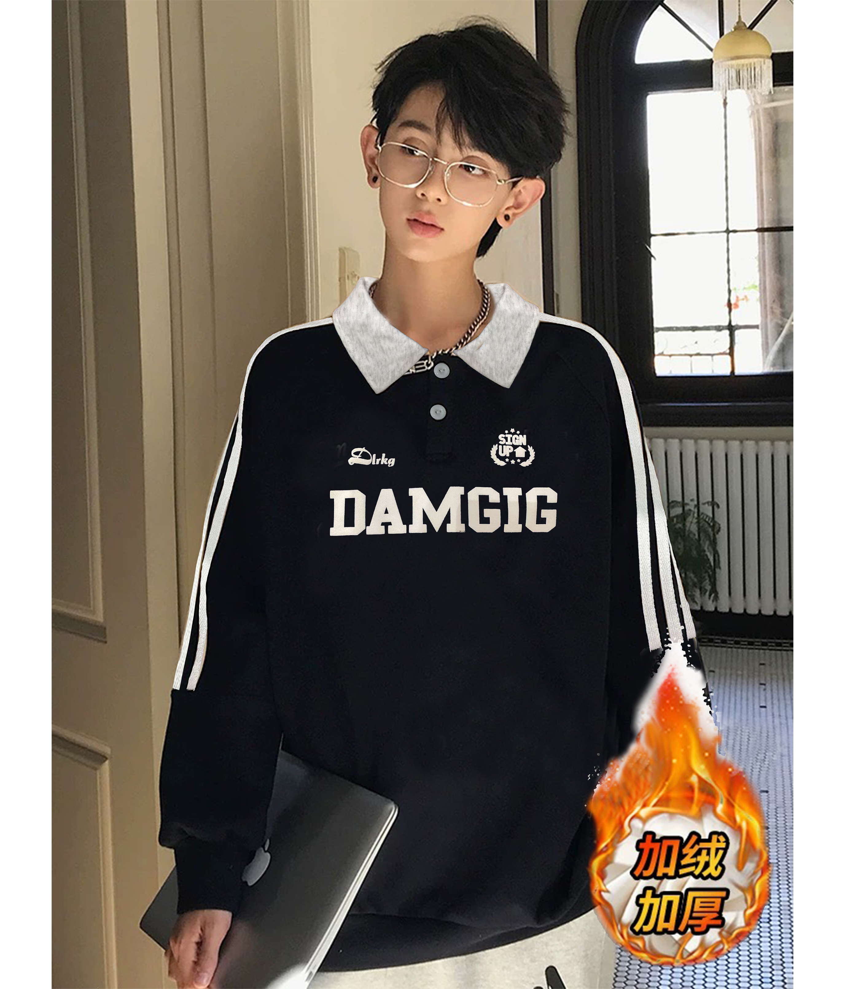 大童青少年加绒DAM休闲POLO卫衣