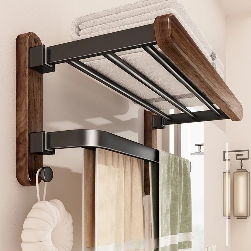胡桃木毛巾架卫生间置物架免打孔浴室架子卫生间厕所浴巾一体挂架