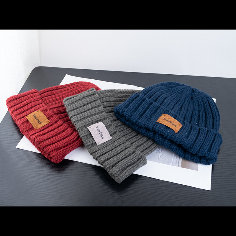 小众美式做旧皮标冷帽女秋冬保暖坑条针织帽毛线帽宽松学男生潮