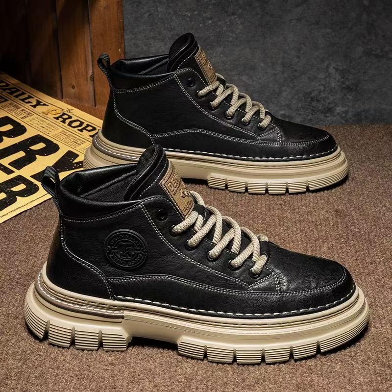 马丁靴男百搭高帮秋季真皮男士新款皮鞋中帮增高防水工装靴冬季