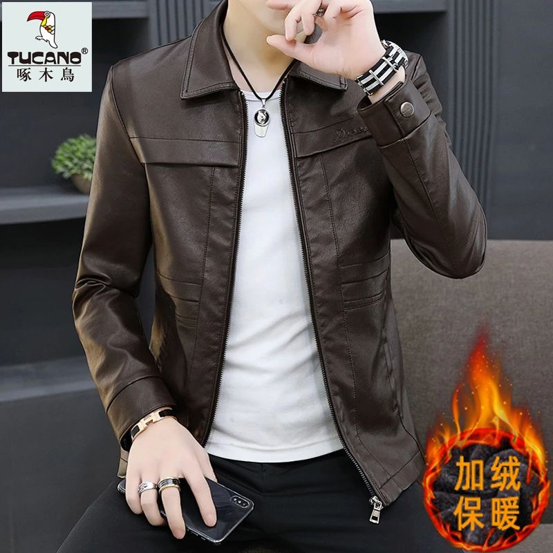 啄木鸟秋冬新款商务休闲皮衣男士外套韩版工装加绒加厚翻领皮夹克