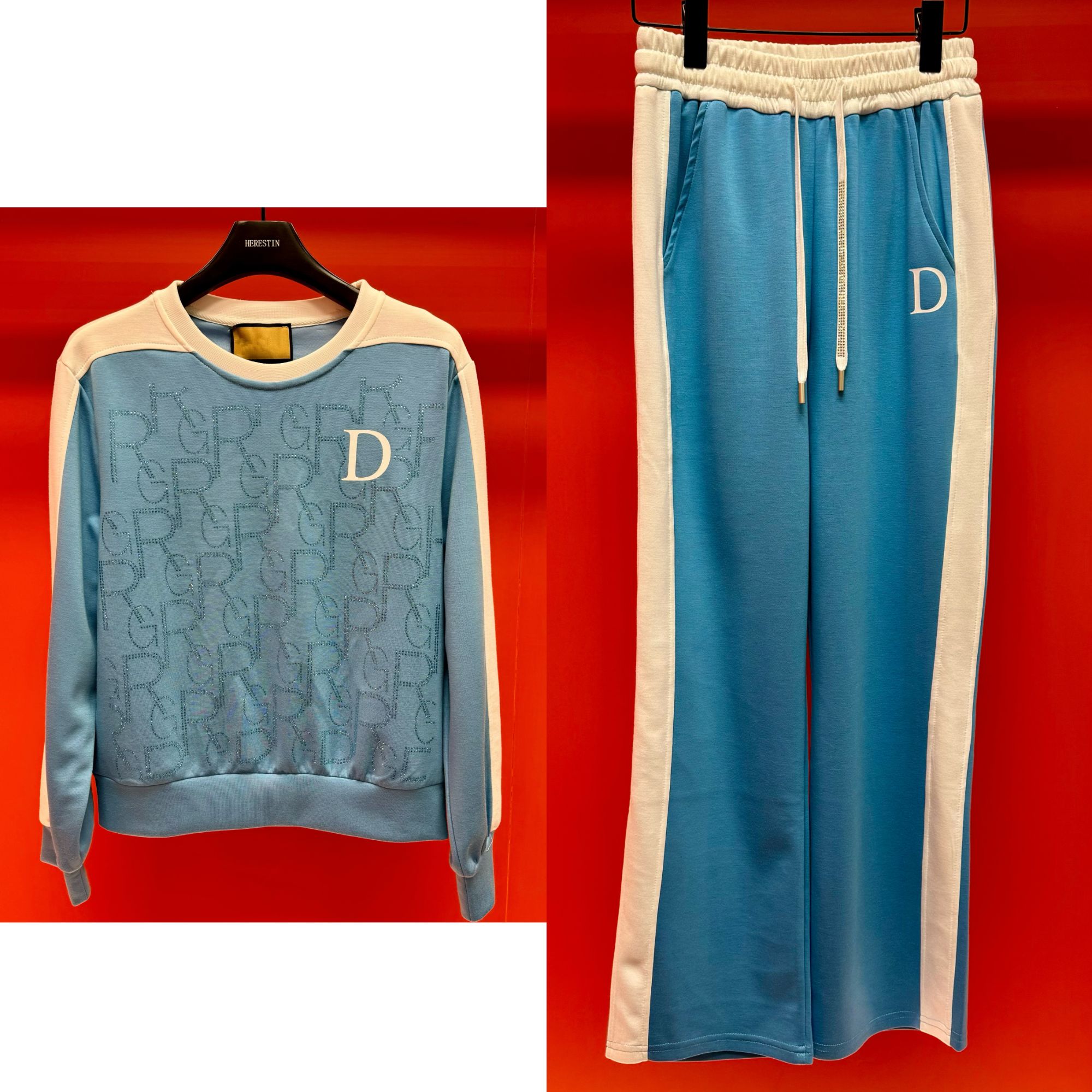 herestin新款拼接烫钻套装女