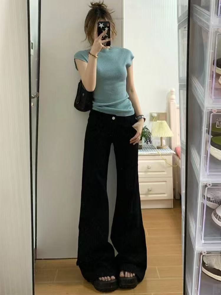 不贴黑色微喇牛仔裤女2025新款宽松高腰显瘦直筒百搭垂感喇叭裤子