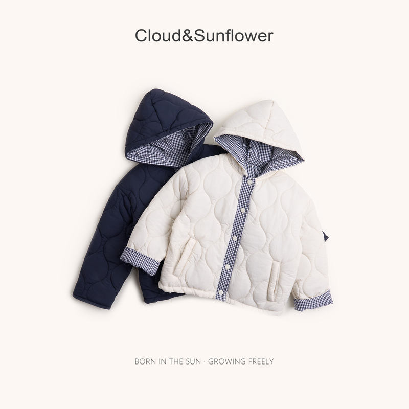 【云朵小葵】女童冬季新款爆款绫格拼接格子撞色洋气连帽棉服555423