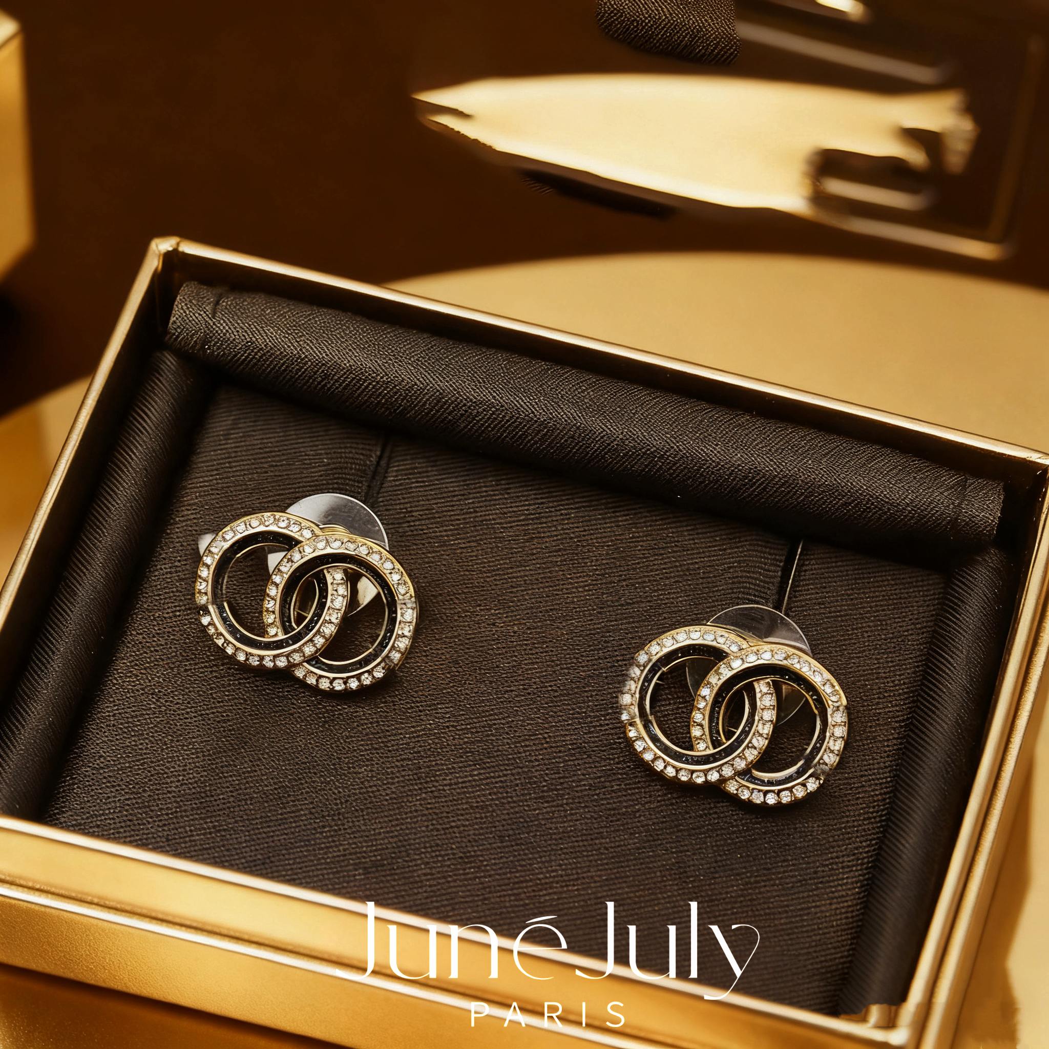 铜合金锆石耳饰 JuneJuly 爆黑金经典双拼logo耳钉