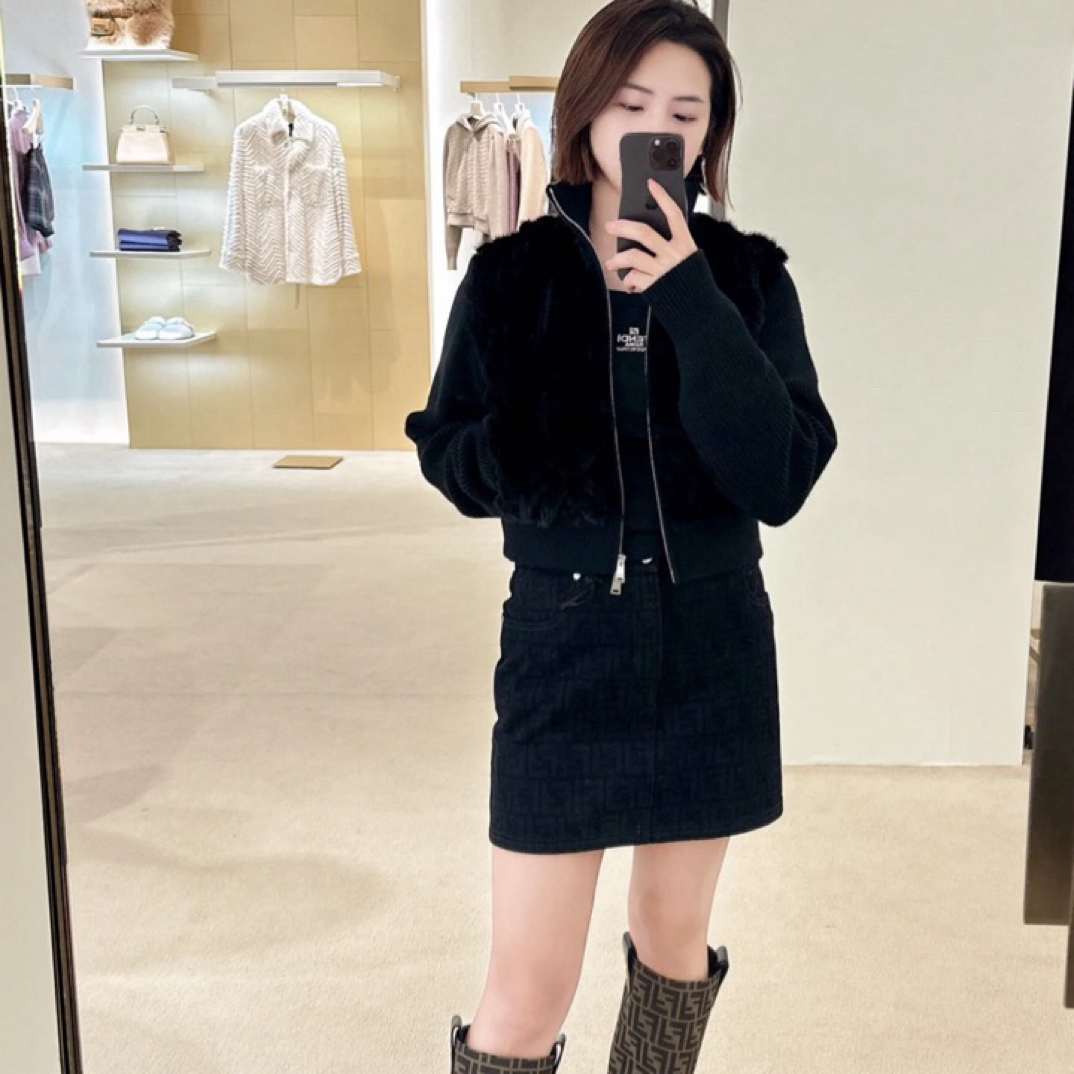 未使用 FENDI/芬迪 A100791/双F满印黑色牛仔裙/42码
