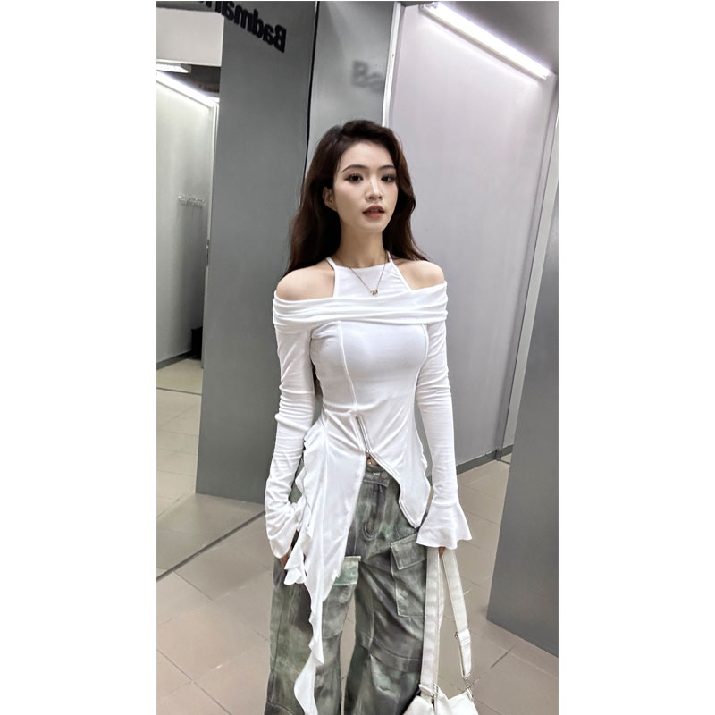 （清仓款）82210长袖T恤女2025年春装新款弹力修身一字肩性感上衣女