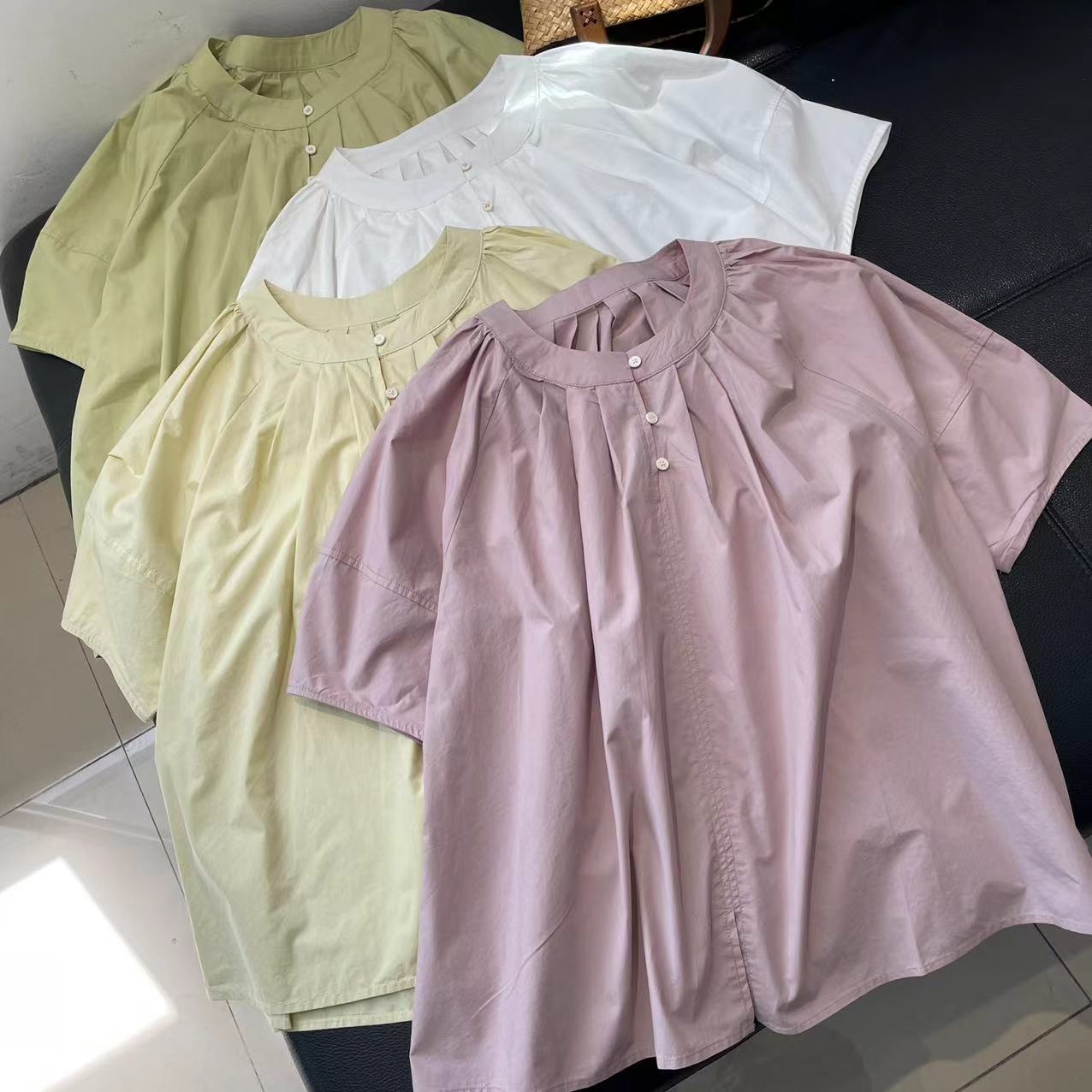 CS348夏装新款全棉宽松圆领短袖日单高品质衬衫女士