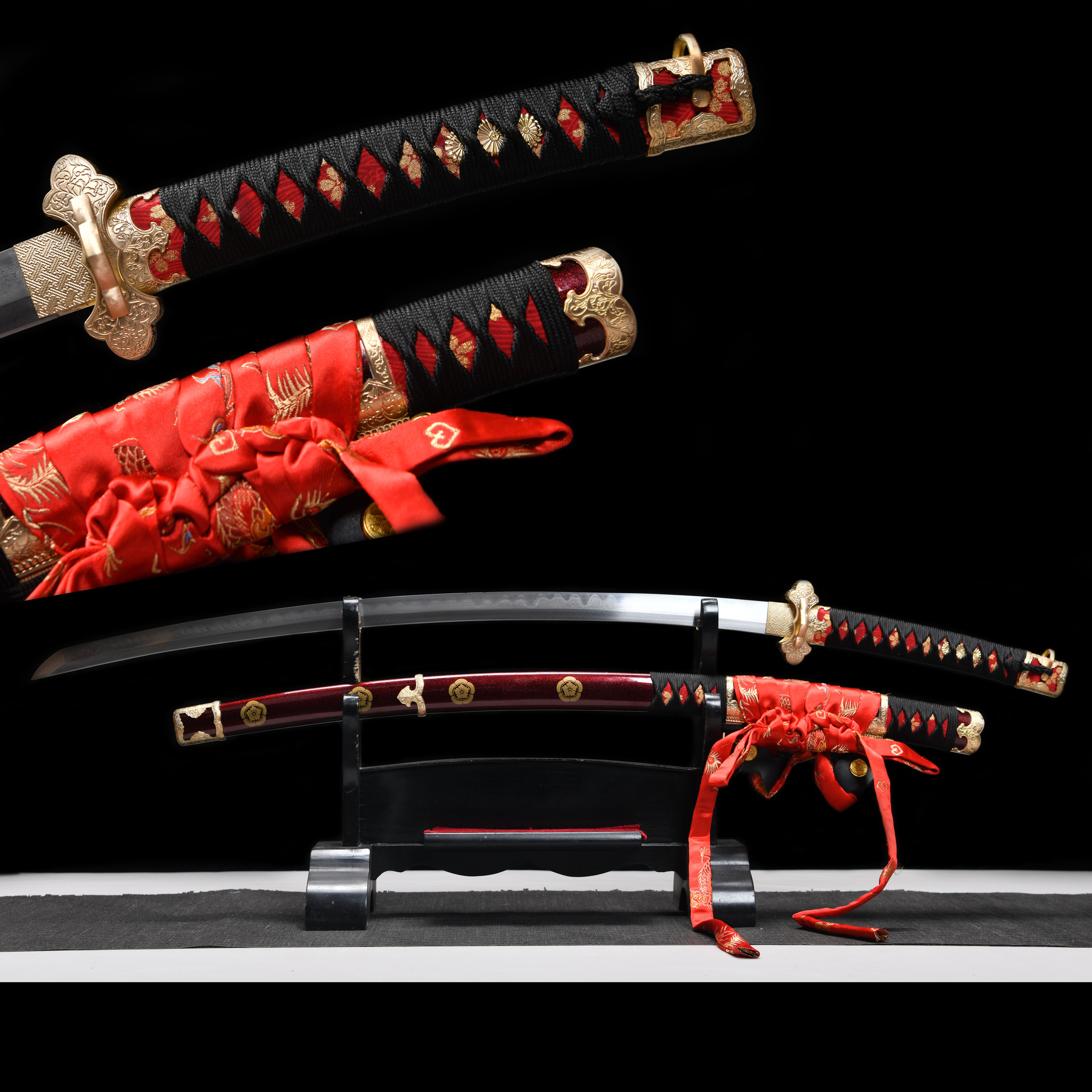 卫府太刀手工锻打日式未开刃东洋居合刀26寸凤羽纹花纹钢烧刃太刀