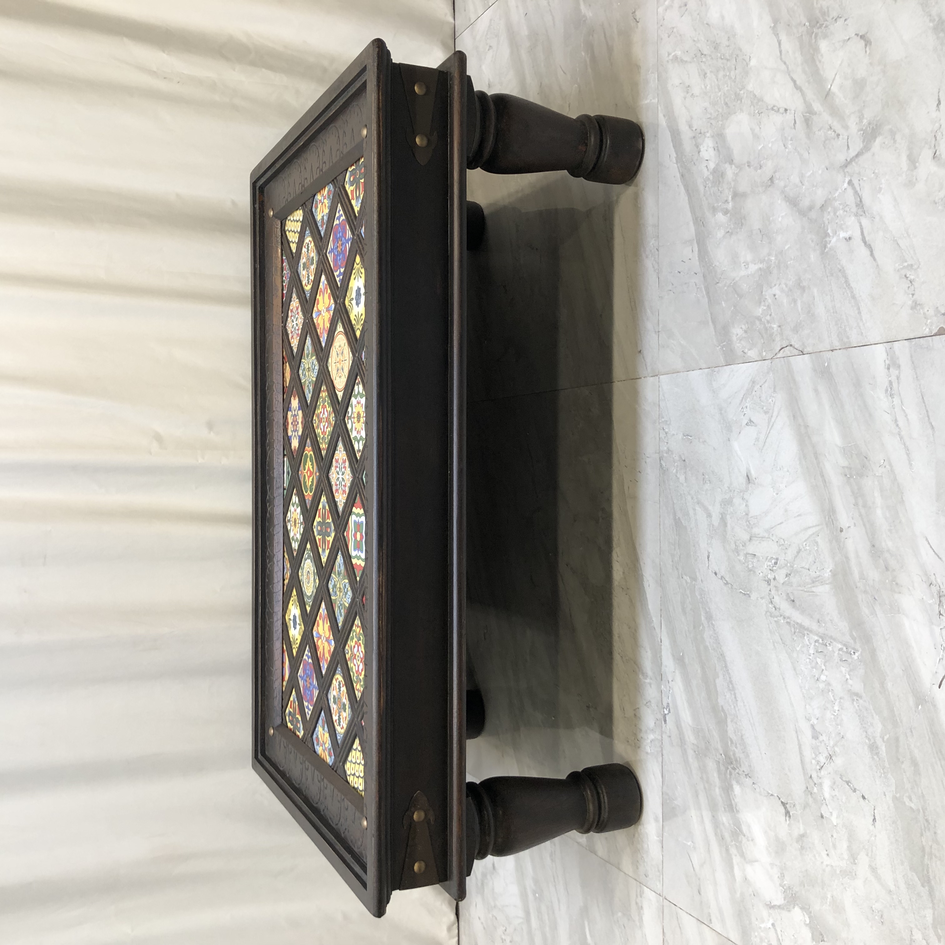 博瑞奇老松木彩瓷咖啡桌复古雕花茶几家用长方形客厅方几08942