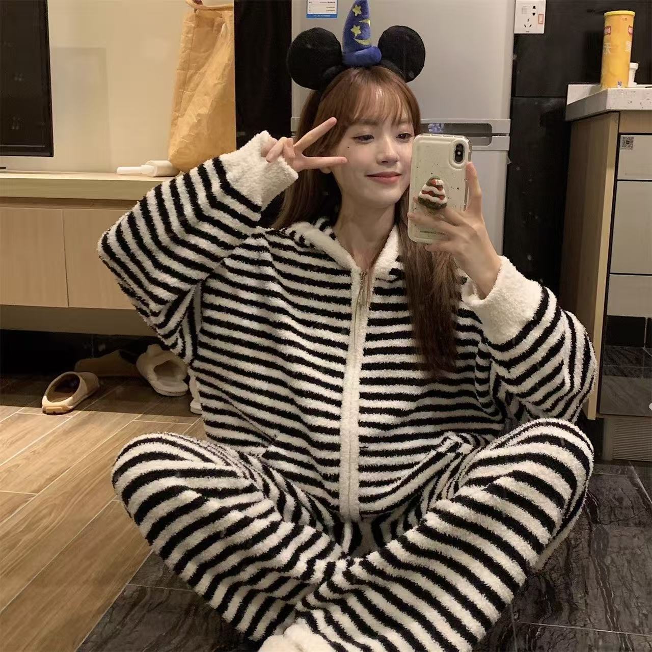 2025秋冬条纹睡衣冬季宽松